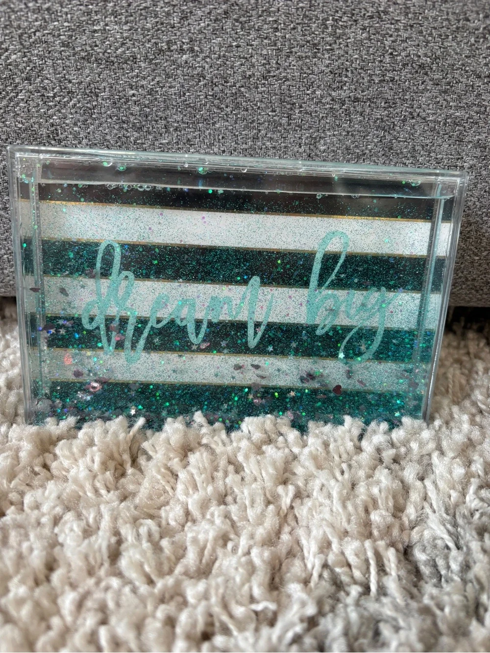 Dream Big Glitter Block Picture Frame - Teal Script on Black & White Stripes
